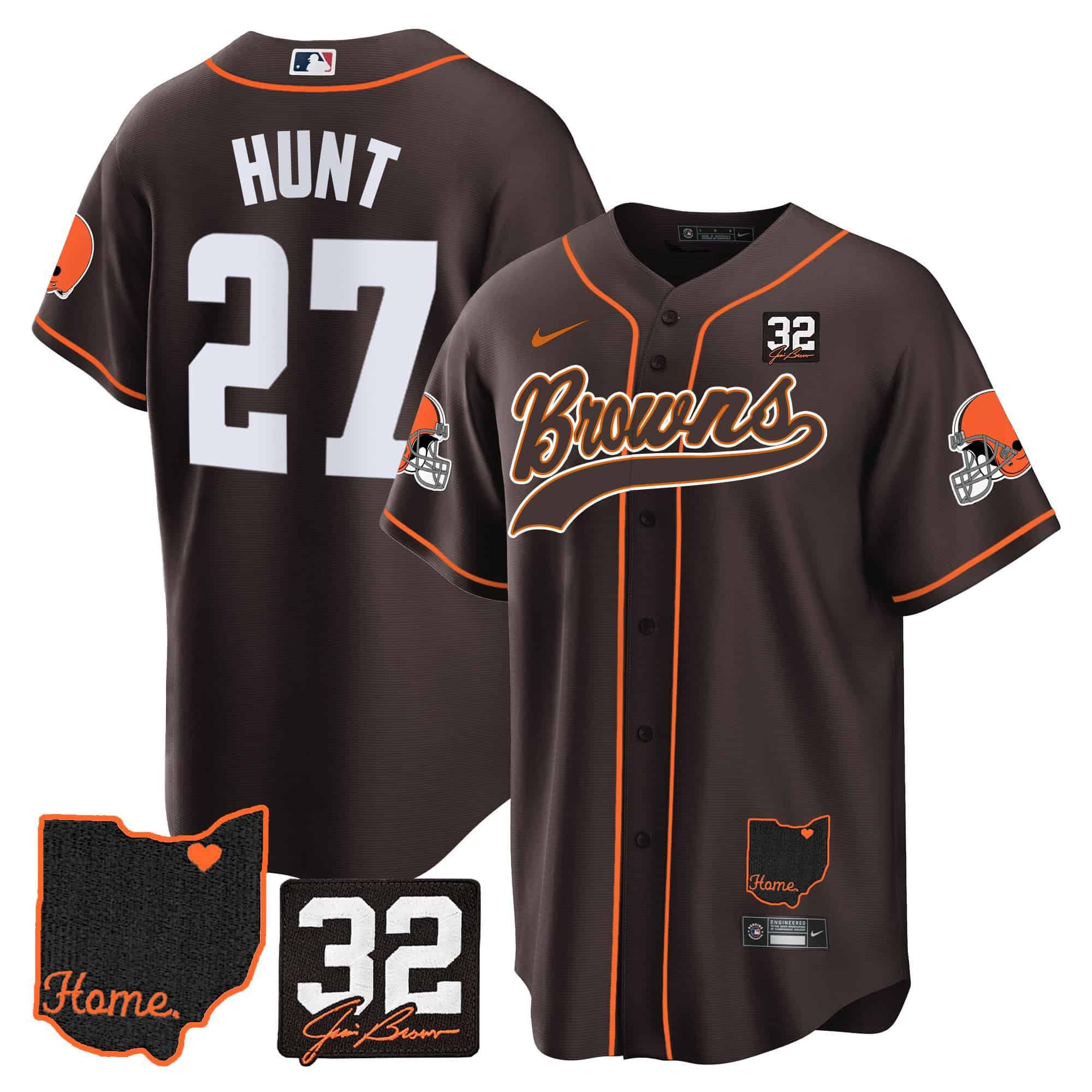 Men Cleveland Browns #27 Hunt Brown Memorial Home Patch Baseball 2024 Nike NFL Jersey style 1